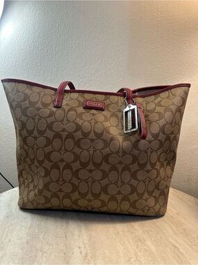 Coach Brown Signature Canvas Tote with Red Trim